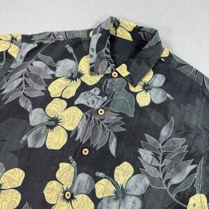Tommy Bahama Shirt Men L Black Yellow Hibiscus Silk Button Up Floral Tropical